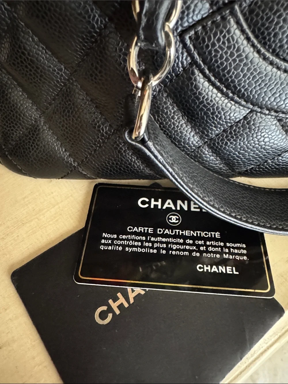 CHANEL Black Quilted Caviar Leather Tote with Chain-Strap
